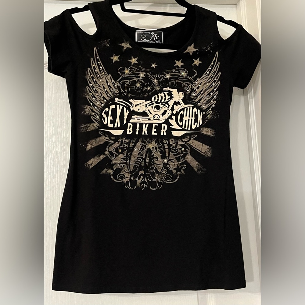 One Sexy Bike Chick Cold Shoulder BLK Top W/Bike Wings Print, Sexy Cut Out Back